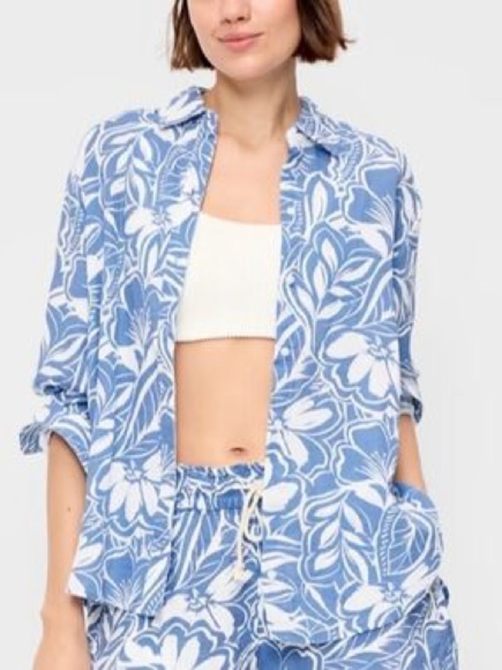 Old Navy Blue and White Floral Swim Coverup Shirt